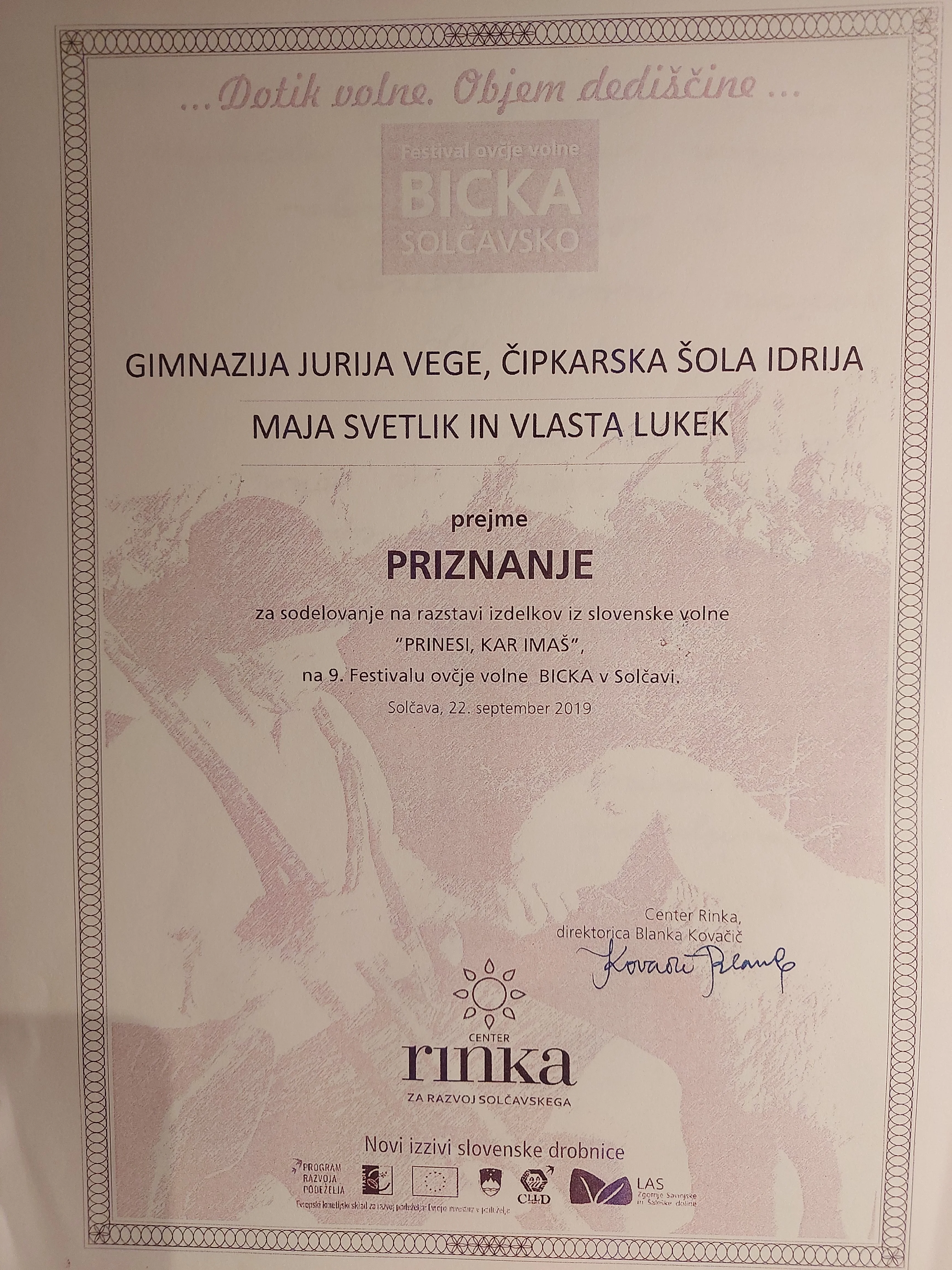 Priznanje za sodelovanje na 9. Festivalu ovčje volne Bicka